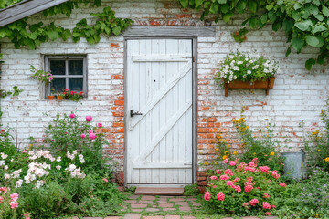 Cottage White Greenhouse with Soft Brick Wall for a Quaint Garden Corner