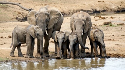 Elephant Family at a Watering Hole