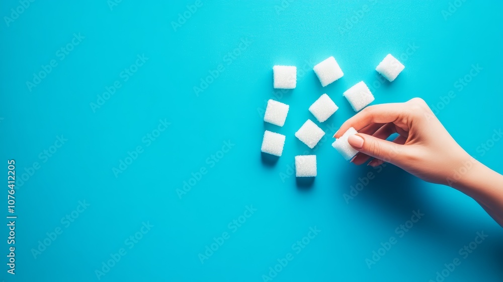 Poster hand picking up a sugar cube from a group of cubes on a vibrant blue background, symbolizing sugar c