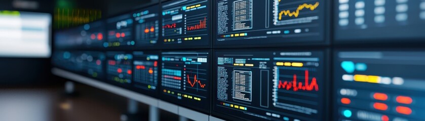 A sleek trading room displays multiple digital screens showcasing financial graphs, stock charts, and analytics, illustrating a dynamic market environment.