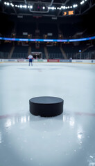 Hockey puck on ice rink with arena in background