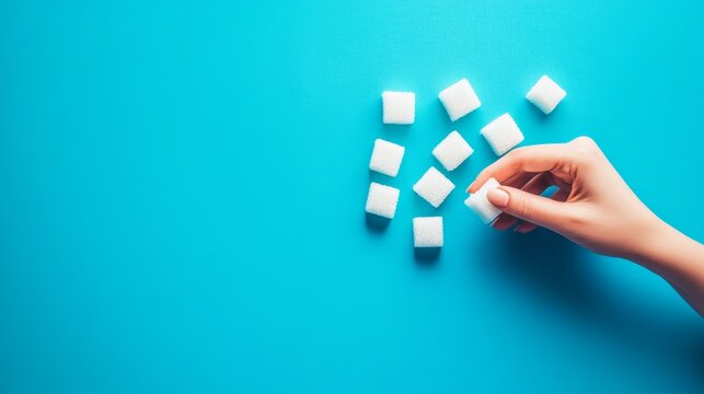 Hand picking up a sugar cube from a group of cubes on a vibrant blue background, symbolizing sugar consumption, addiction, and health risks associated with excessive sugar intake