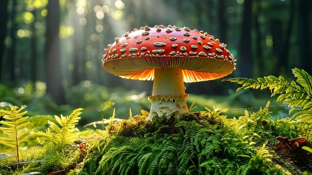 Sun shining on amanita muscaria growing in forest