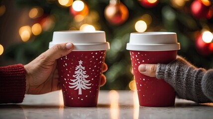 holiday theme takeaway coffee cup in couple chrismas background