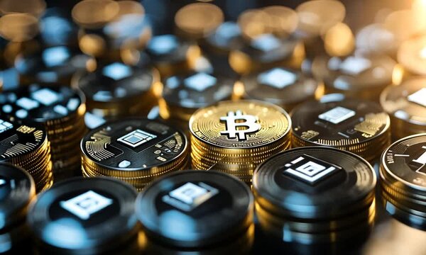 Close-up of a stack of golden bitcoins with one showing the bitcoin logo, against a bokeh background.