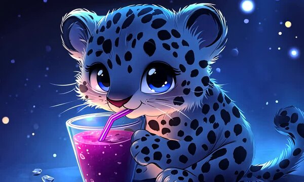 Cute cartoon leopard cub with big eyes drinking purple juice through a straw.