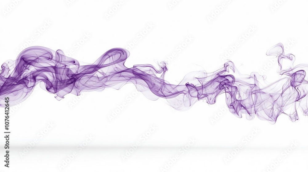Poster elegant and flowing purple smoke swirling in soft captivating lines against a minimalist white backg