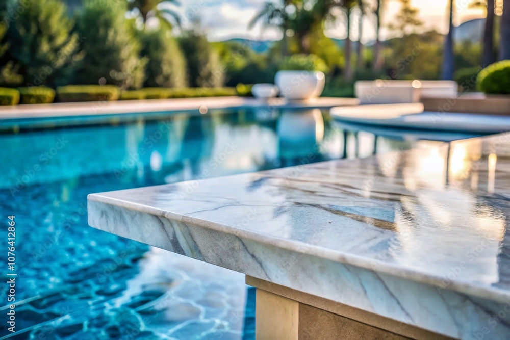 Poster captivating macro photography of an empty marble texture table overlooking blurred pool water, perfe