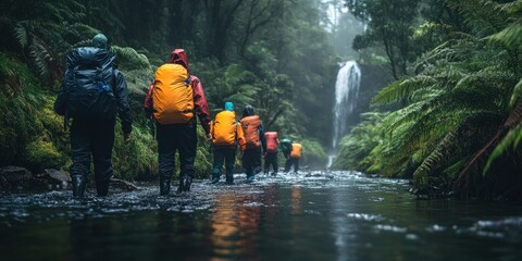 Hikers in Raincoats Traverse a Creek in a Lush Rainforest Setting
