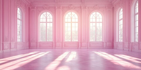 Fototapeta premium Luxurious elegant pink room with ornate windows and soft lighting