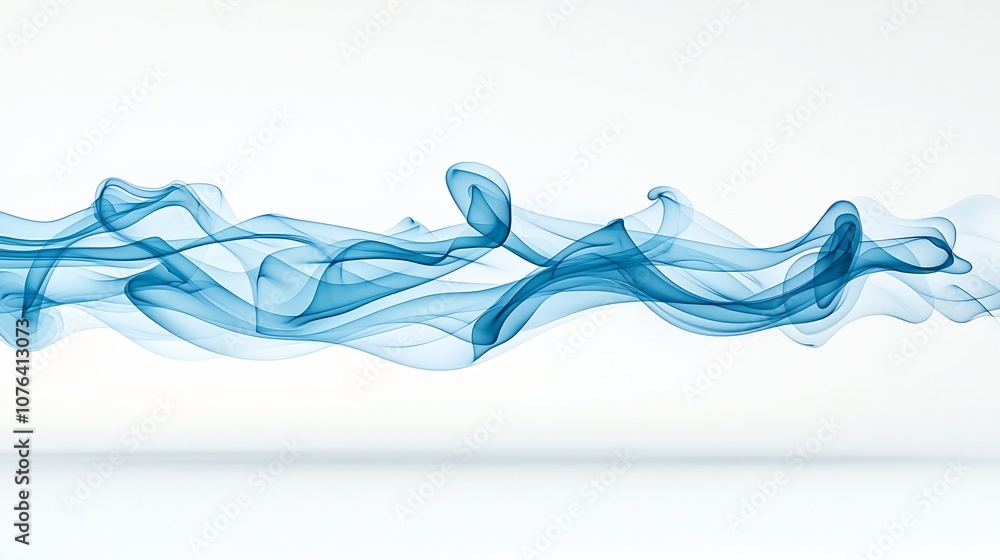 Fototapete Flowing curved blue smoke with soft graceful lines and elegant drifting motions creating a sense of calm and serenity on a pure white background  This abstract design evokes a serene