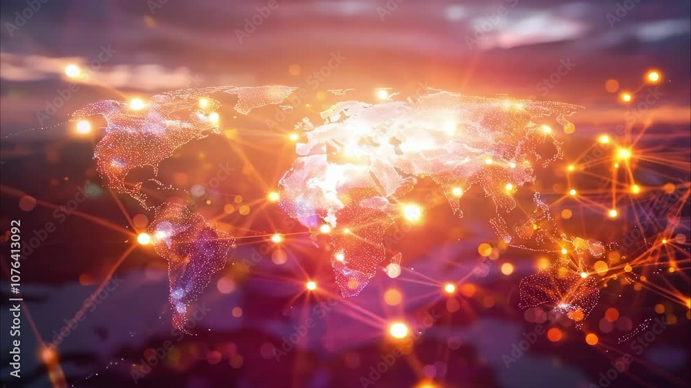 Poster a glowing map of the world with network connections and light effects, symbolizing global connectivi