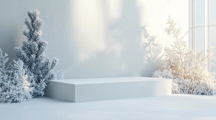 White rectangular podium displaying winter product with snowy pine branches and sunlight from window