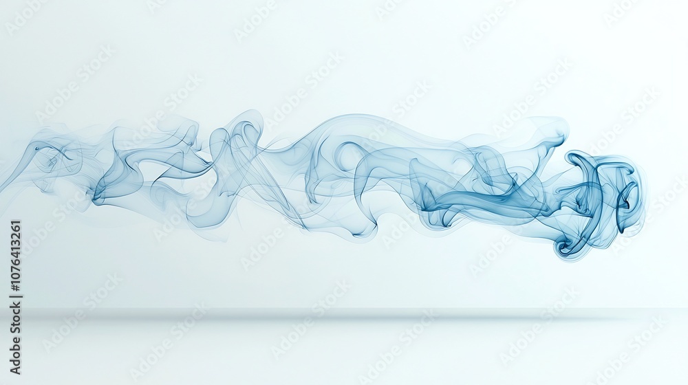 Poster Soft blue toned smoke with intricate swirling lines floating on a clean white background evoking a sense of smooth flow gentle elegance and dynamic visual interest