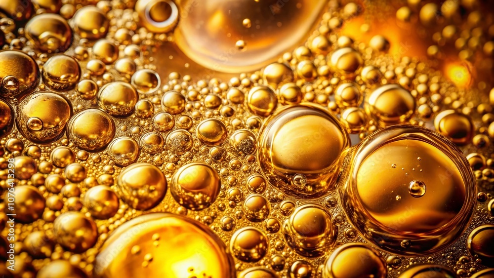 Poster captivating macro shot of golden liquid with floating bubbles, showcasing the intricacies of texture
