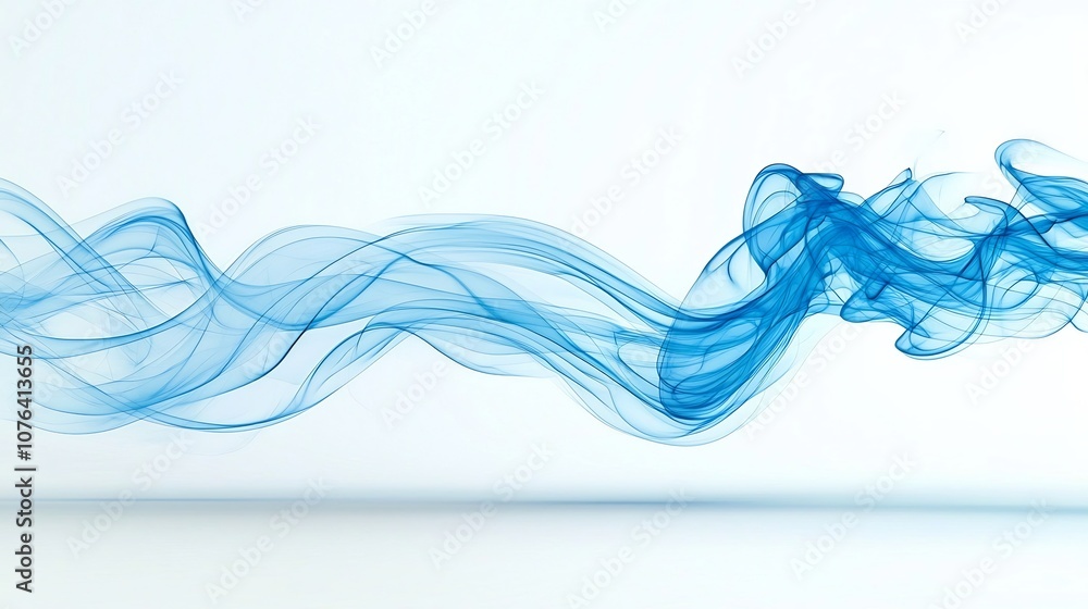 Poster delicate blue smoke with graceful flowing curves floating and swirling against a serene minimalist w