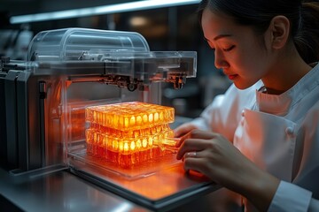 Designers creating printed food in a futuristic kitchen, food innovation, advanced culinary technology. Generative AI