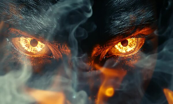 Close-up of two glowing orange eyes surrounded by smoke and fire.