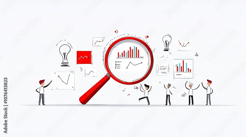 Poster Flat of a business team collaborating to analyze growth data and charts using a giant magnifying glass showcasing their partnership and strategy in the workplace