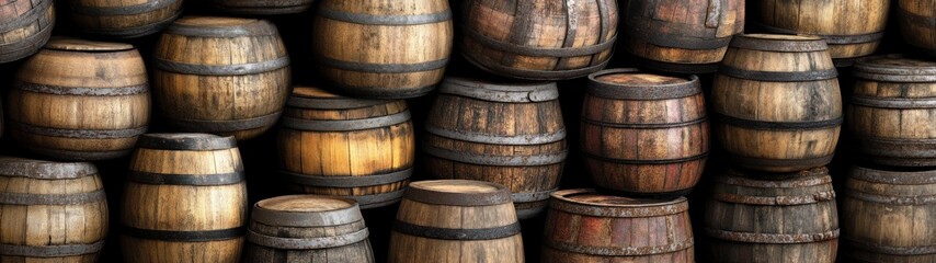 Fototapeta premium A Stack of Weathered Wooden Barrels with Metal Bands