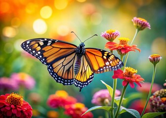 Naklejka premium Captivating Monarch Butterfly Perched on Vibrant Flower Amidst Nature's Splendor in a Colorful Garden Scene