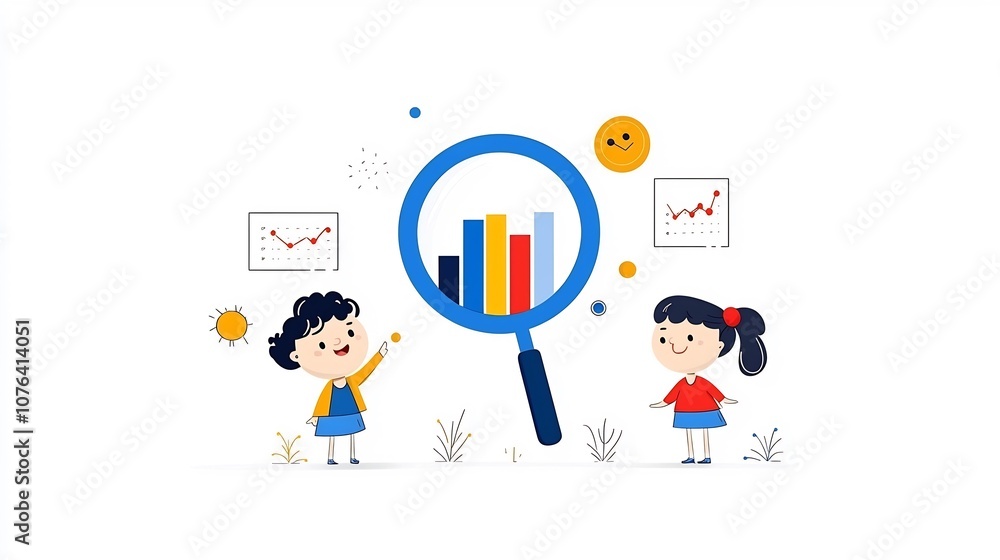 Poster Cartoon of Teamwork and Growth Concept in Business Analysis with Characters Examining Magnifying Glass Containing Bar Charts and Data Visualizations