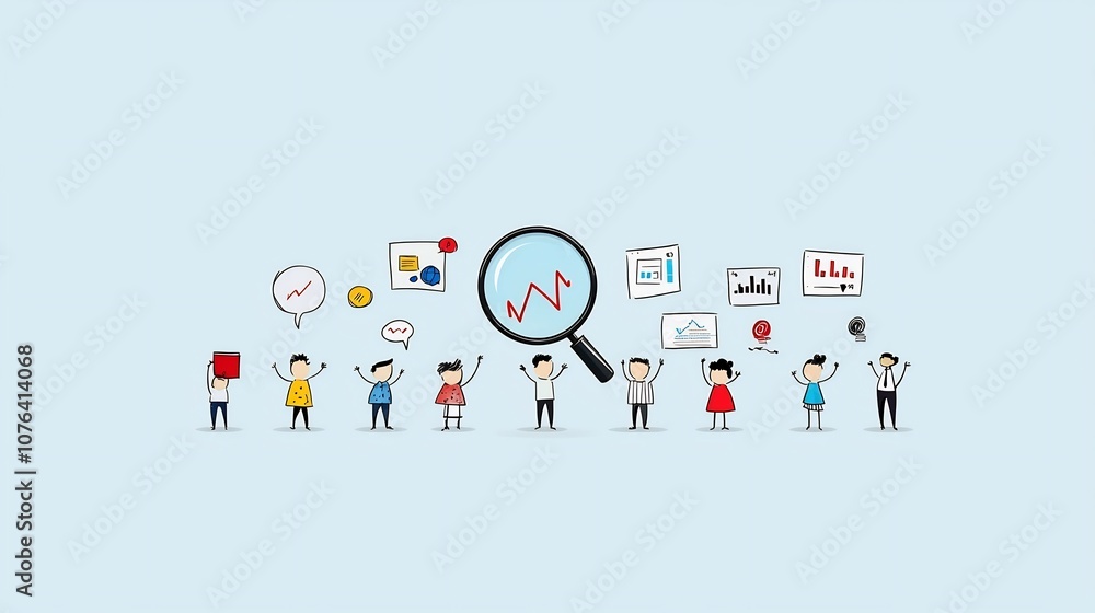 Aufkleber Cartoon of a business team working together holding up a large magnifying glass to analyze graphs and charts representing data driven growth and strategic planning