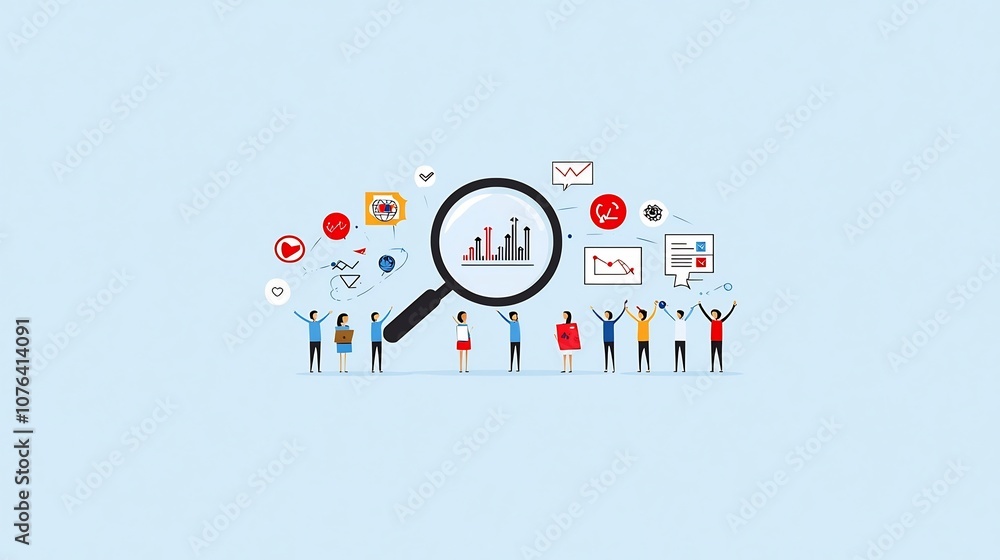 Poster Cartoon of a business team standing together and holding up a large magnifying glass with graphs and charts inside representing teamwork data driven growth and strategic planning