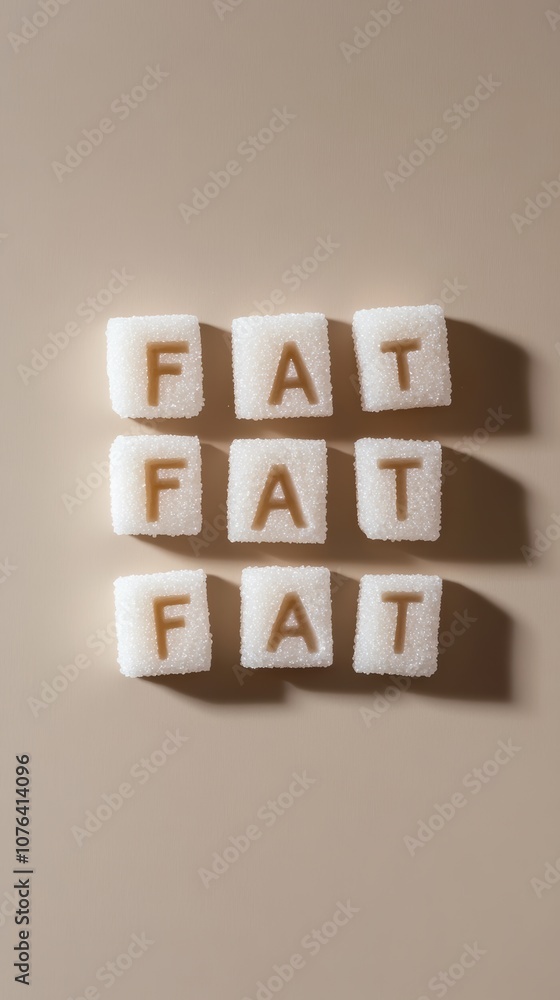Poster Nine sugar cubes with the word fat stamped into them are arranged on a beige background, creating a visual representation of the link between excessive sugar consumption and weight gain