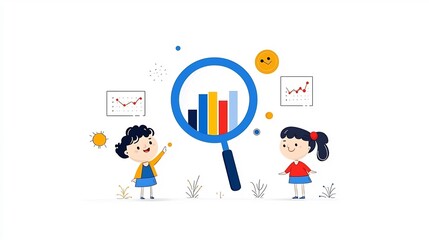Fototapeta premium Cartoon of Teamwork and Growth Concept in Business Analysis with Characters Examining Magnifying Glass Containing Bar Charts and Data Visualizations