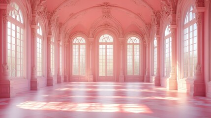 Obraz premium Luxurious elegant pink room with ornate windows and soft lighting