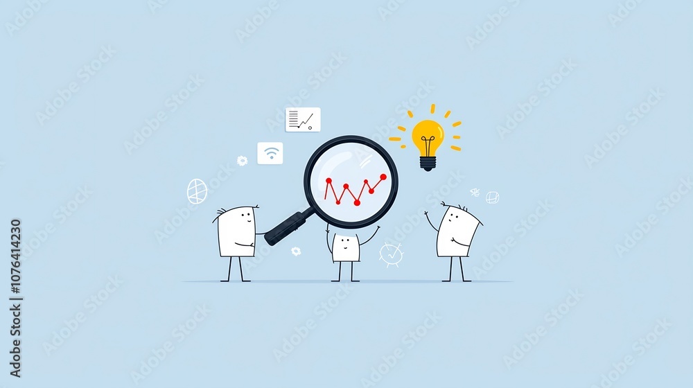 Aufkleber Three professionals collaborating to lift a magnifying glass with graphs and data visualizations inside symbolizing teamwork and data driven business growth strategy