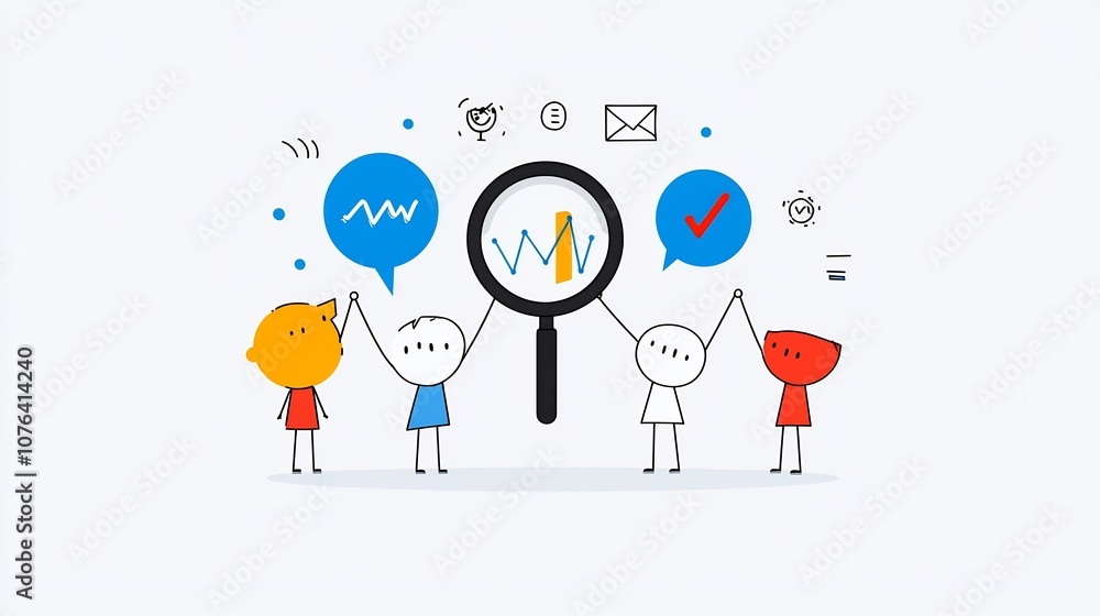 Poster Three characters working together to lift a magnifying glass that reveals graphs and charts inside symbolizing teamwork and in business growth and data analysis
