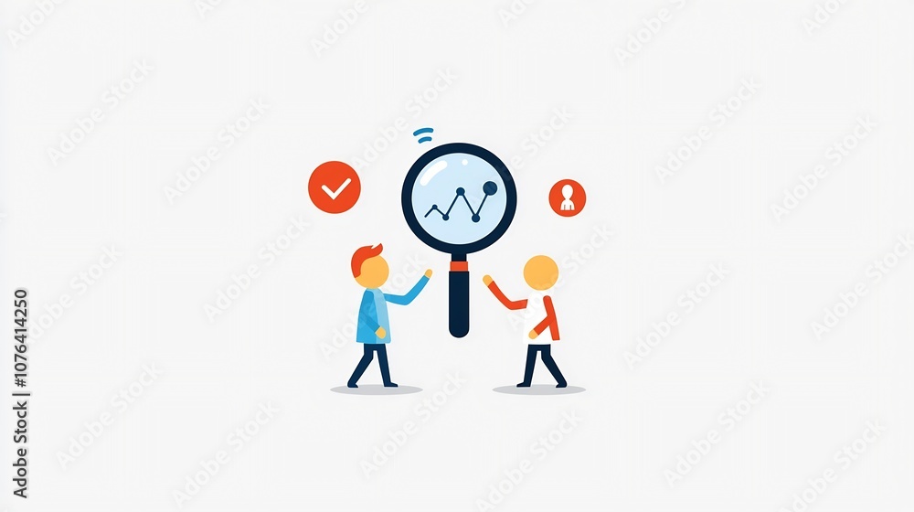 Poster Collaborative team lifts magnifying glass revealing data graphs symbolizing teamwork and data driven strategy for business growth and development