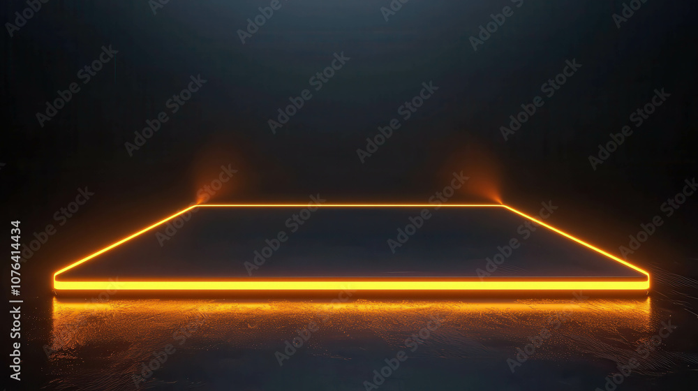 Poster futuristic 3d scene with glowing neon edge border, floating platform in a dark environment, perfect 