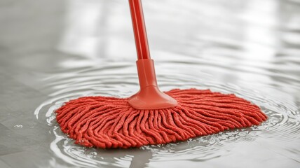 A bright red mop rests on a wet surface, creating ripples in the water around it, suggesting a cleaning task in progress.