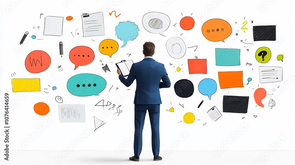 Poster of a professional businessman in a blue suit holding a notepad and pen thoughtfully examining a group of colorful speech bubbles