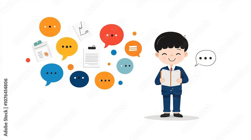 Leinwandbilder Business Communication Concept Depicting a Suited Professional Holding a Notebook and Surrounded by Colorful Speech Bubbles Illustrating Teamwork Idea Sharing and in a Corporate Setting