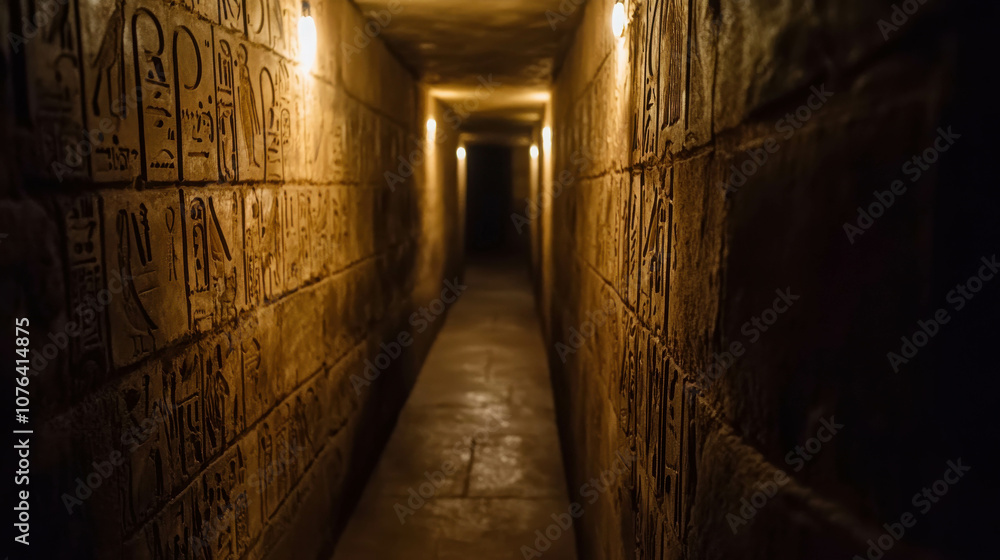 Poster narrow and winding corridor inside ancient egyptian structure with hieroglyphics and soft lighting i