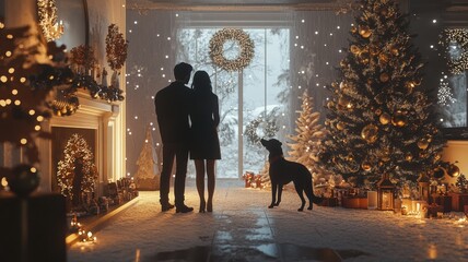 Festive 3D scene with couple, dog, and intricate holiday decor in light, minimalist setting with free space for text. Christmas, New Year's Eve