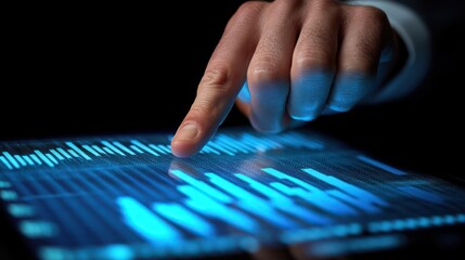 showcasing a businessman's hand hovering over a rapidly ascending bar graph on a digital screen