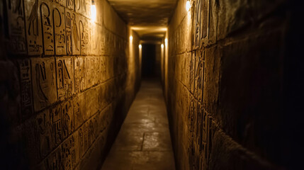 Obraz premium Narrow and Winding Corridor Inside Ancient Egyptian Structure with Hieroglyphics and Soft Lighting in Gigapixel Quality