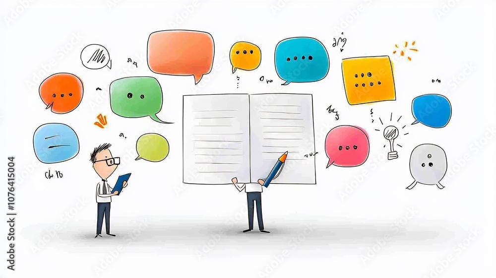Leinwandbilder cartoon of a business professional man with pen and notepad engaged in conversation brainstorming an
