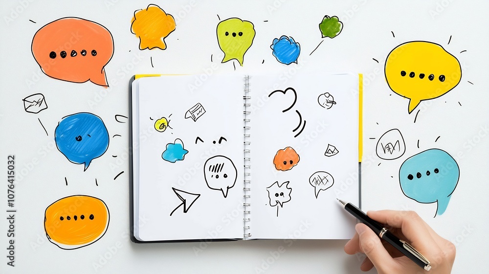Poster professional cartoon of a man with a pen and notebook engaged in a dialogue with colorful speech bub