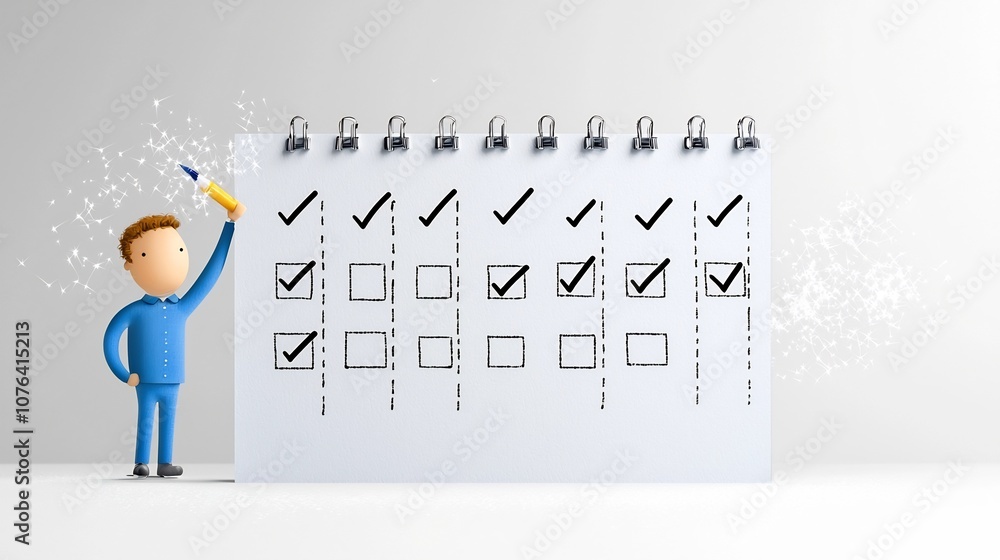 Poster flat of a businessman in blue ticking boxes on a big checklist clipboard with sparkles in the backgr
