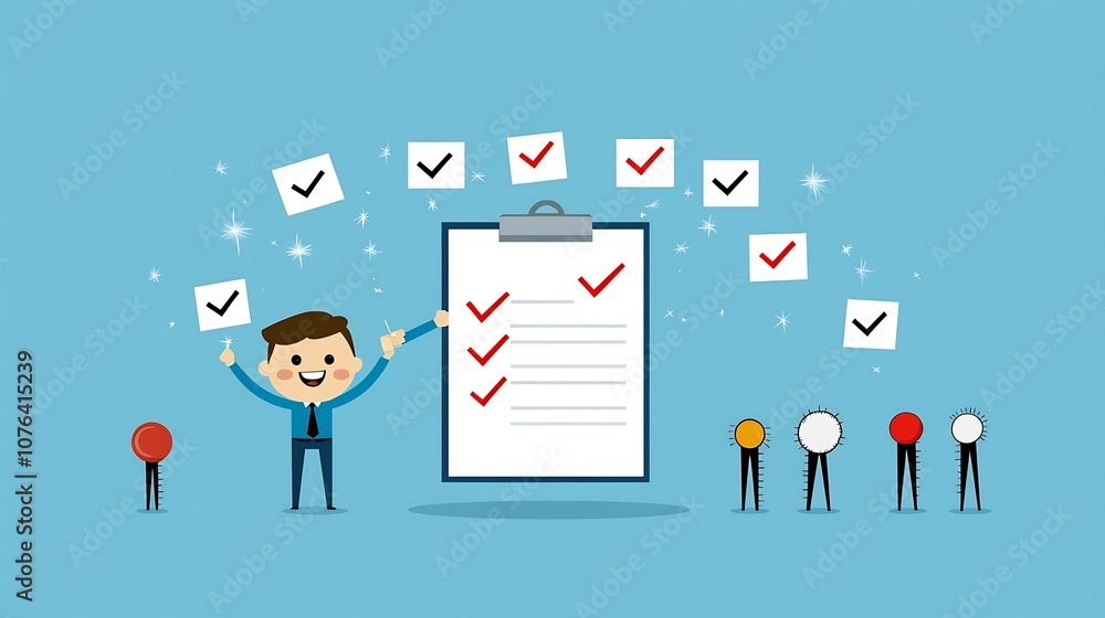 Aufkleber Flat of a businessman in blue ticking boxes on a big checklist clipboard with sparkles in the background to show success in task completion and achievement
