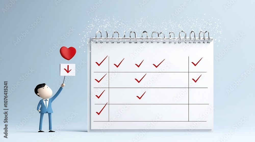 Poster Flat of a businessman in blue ticking boxes on a big checklist clipboard with sparkles in the background to show success in task completion and business productivity