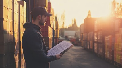 Truck Driver Inspecting Freight in Morning Sunlight