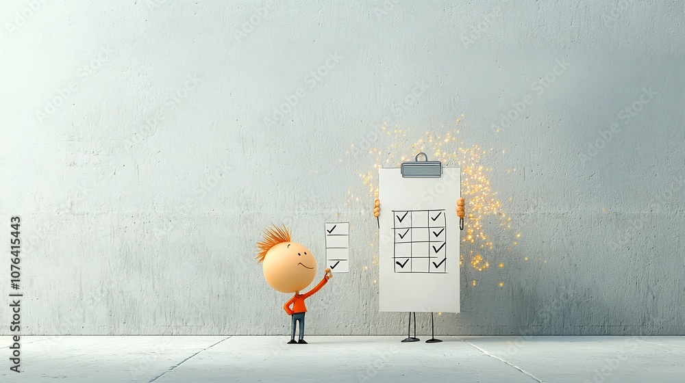 Aufkleber cartoon of businessman happily ticking boxes on a checklist standing next to a giant clipboard with 