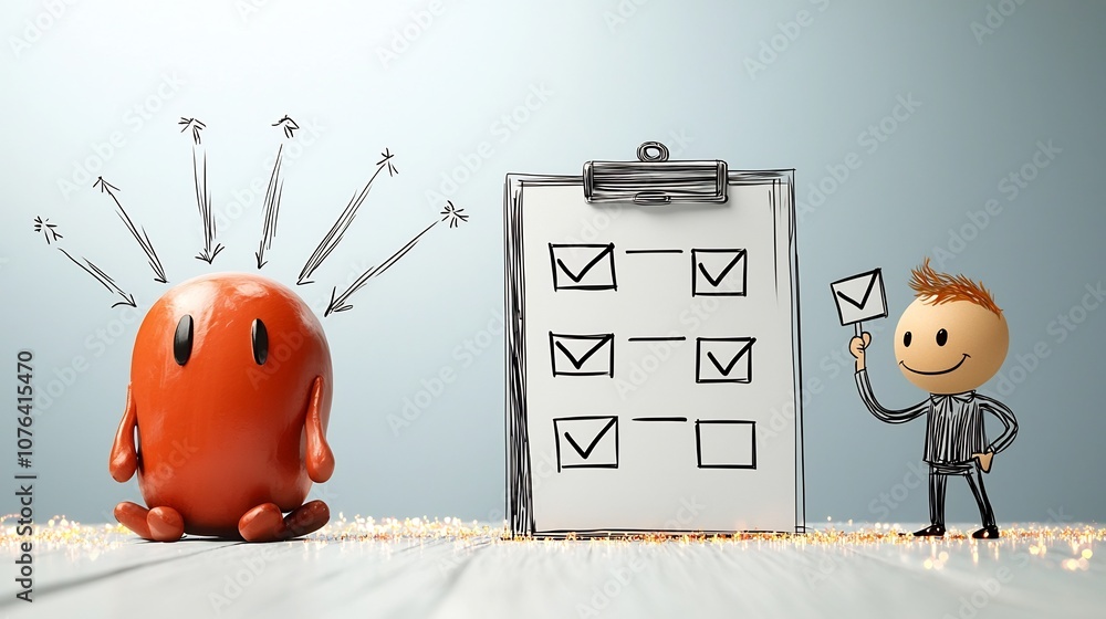Poster Cartoon of a Professional Business Person Ticking Boxes on a Checklist Standing Beside a Giant Clipboard with Sparkling Accents to Represent the Successful Completion of a Task or Goal